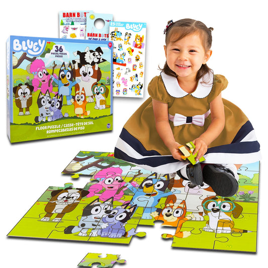 Bluey Floor Puzzle for Kids Set - Bundle with 36 Piece Floor Puzzle for Boys, Girls Plus Stickers, More | Bluey Puzzles for Kids Ages 3-5