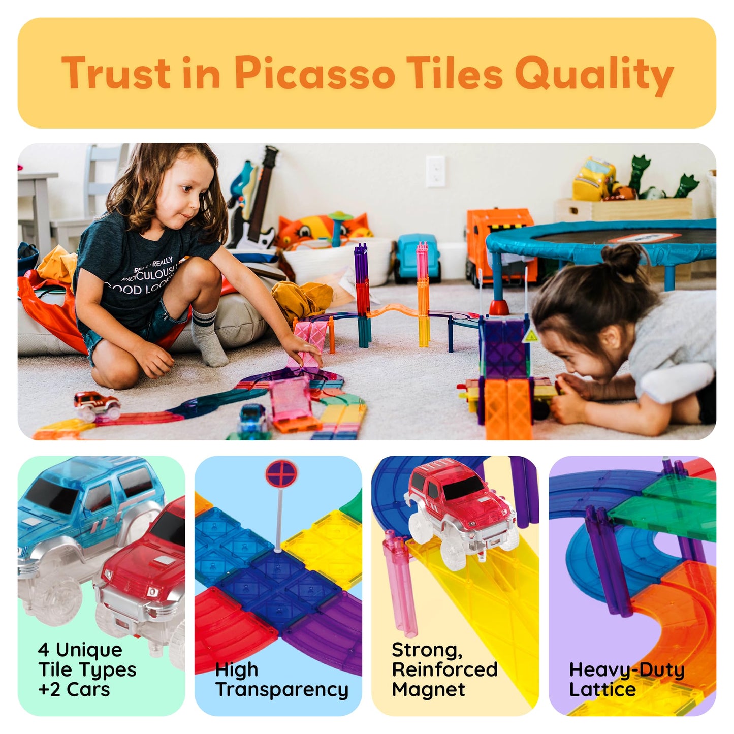 PicassoTiles Magnetic Tiles Race Track Playset with 2 Racing Trucks – STEM Building Blocks Toy for Toddlers, Boys & Girls 3+ PTR30