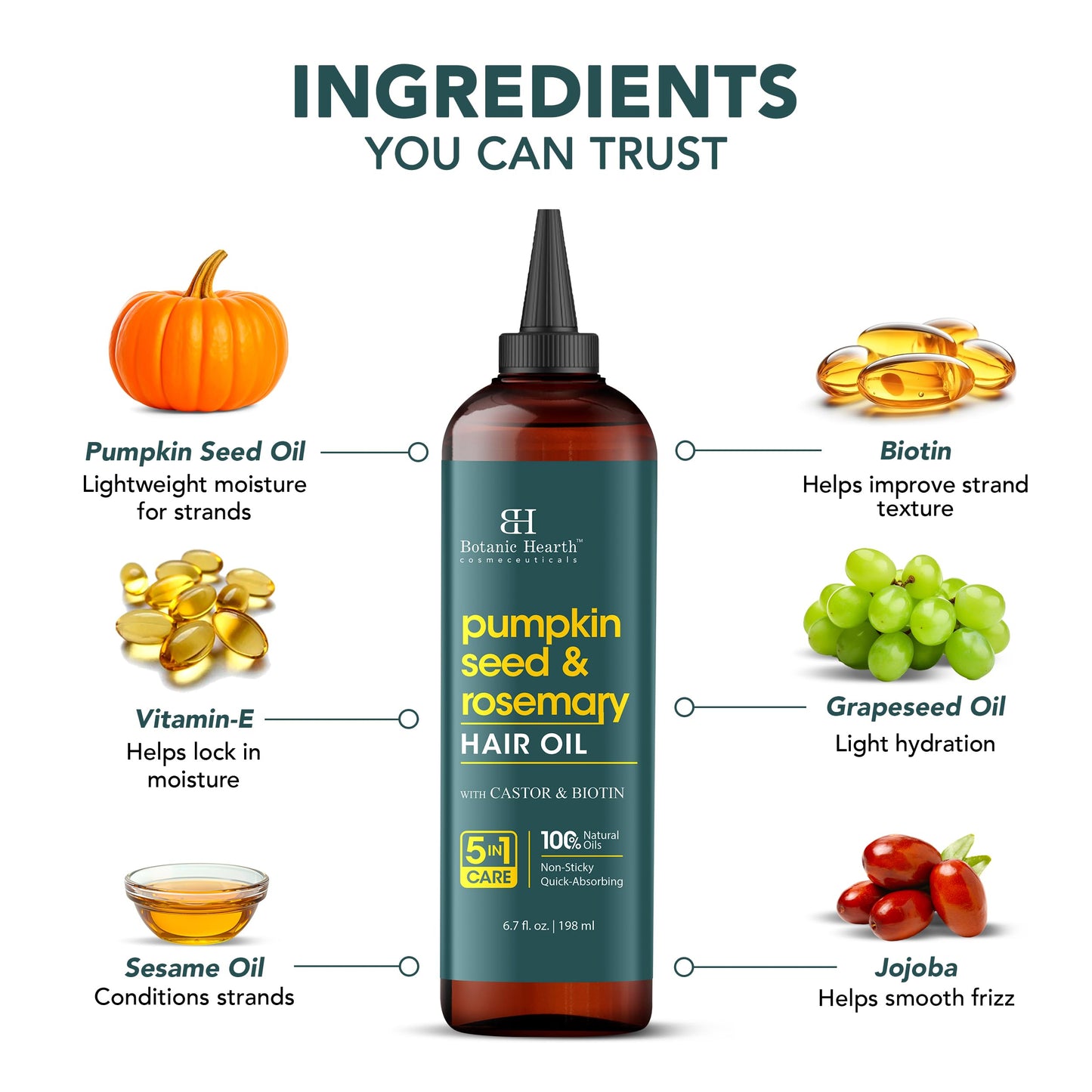 Botanic Hearth Rosemary Hair Growth Oil with Pumpkin Oil - 100% Pure Hair Tonic for Dry, Damaged Hair - Strengthening & Nourishing, 6.7 fl oz