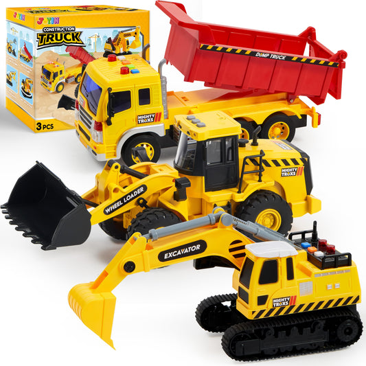 JOYIN 3-Pack Construction Trucks for Toddlers – Excavator, Dump Truck & Loader with Movable Claw & Lift, Birthday & Christmas Gift
