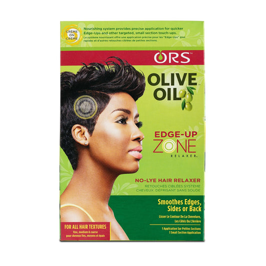 ORS Olive Oil Edge-Up Zone hair relaxer packaging with a model's face on a white background