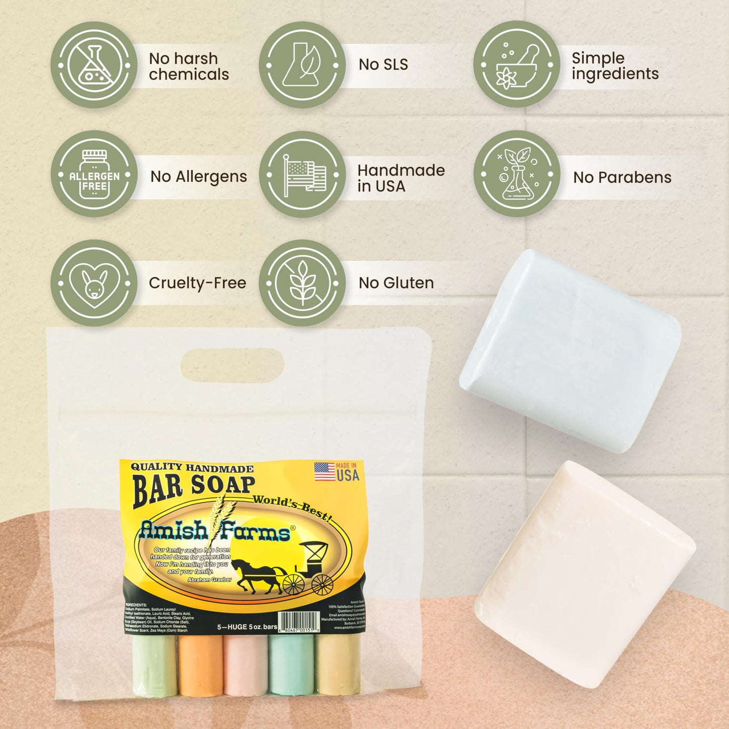 Amish Farms Bentonite Clay Soap Bar – 5-Pack, Vegan, Moisturizing, Sensitive Skin, Face & Body, Clean Scent, Made in USA, 5oz Each