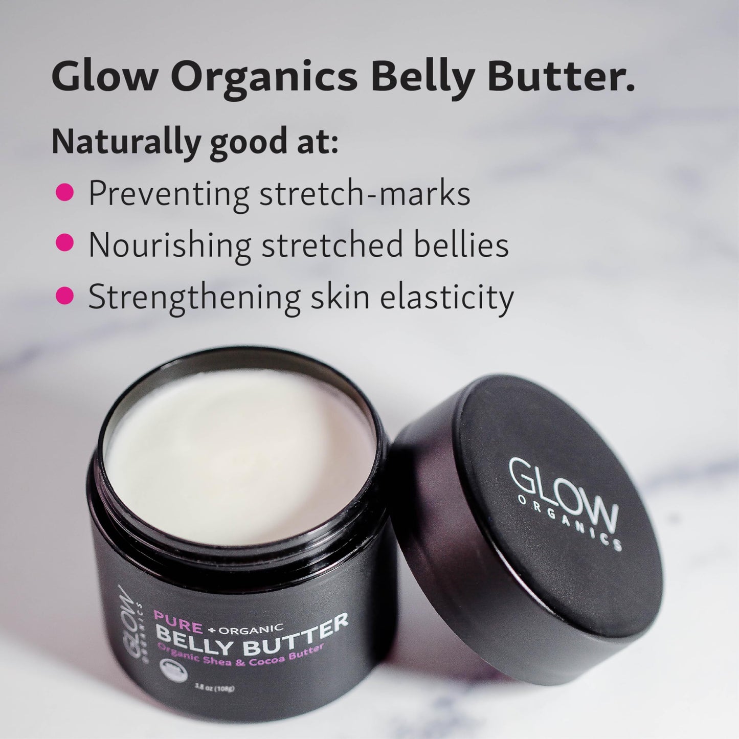 Glow Organics Belly Butter - 100% Organic Stretch Mark Cream for Pregnancy, Soothes Itchy Skin & Scars, Safe Daily Maternity Skincare, 3.8oz
