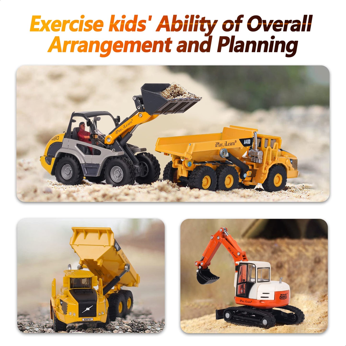 iPlay iLearn Heavy Duty Construction Playset with Metal Dump Truck, Excavator, Bulldozer & Tractor - Outdoor Sandbox Toy for Kids 3-5