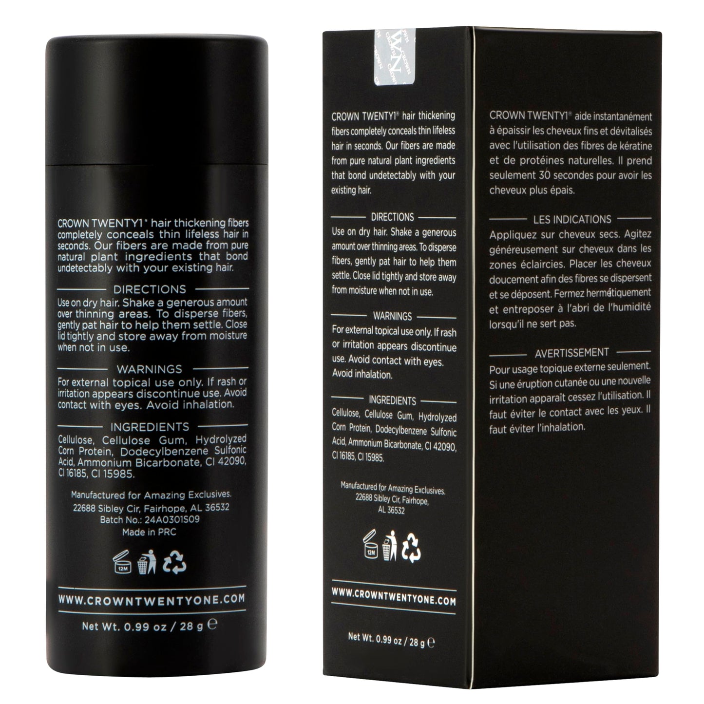 CROWN Hair Building Fibers 28g – Instantly Conceals Thinning Hair for Fuller, Thicker Look – Natural Keratin Hair Concealer for Men & Women, Black