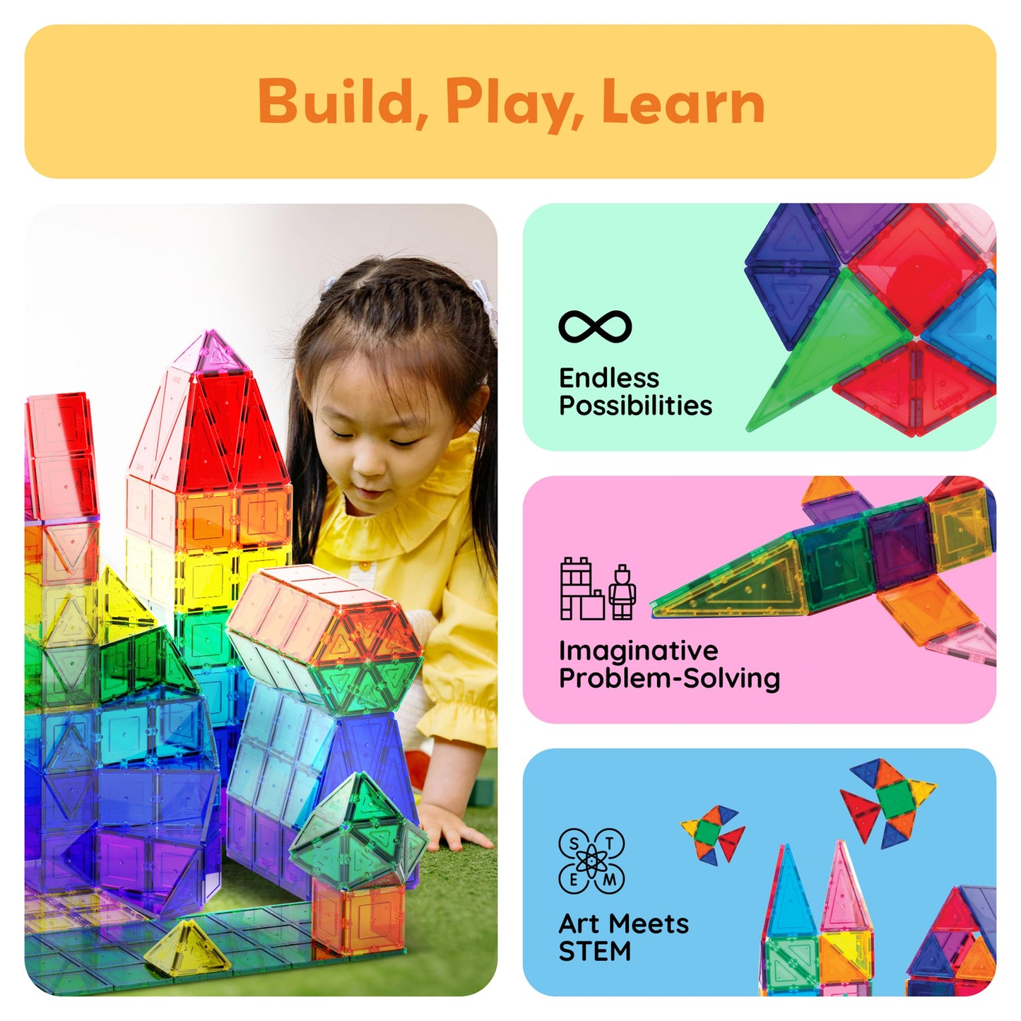 PicassoTiles 60-Piece Clear Magnetic Building Tiles Set – 3D Construction Blocks for Creative, Educational & Recreational Play
