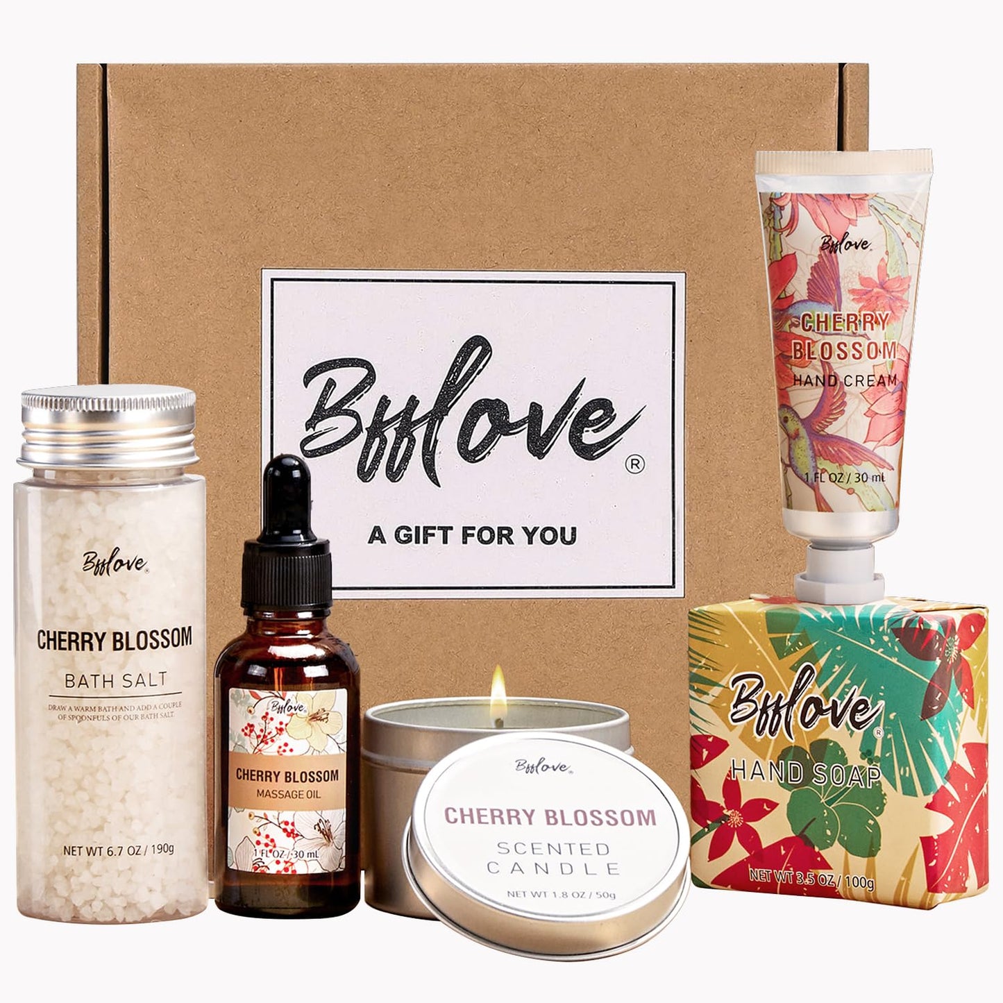 BFFLOVE Gift Set for Women – 5pc Cherry Blossom Spa Kit with Massage Oil, Scented Candle, Bath Salts & Hand Cream, Birthday Gifts for Her