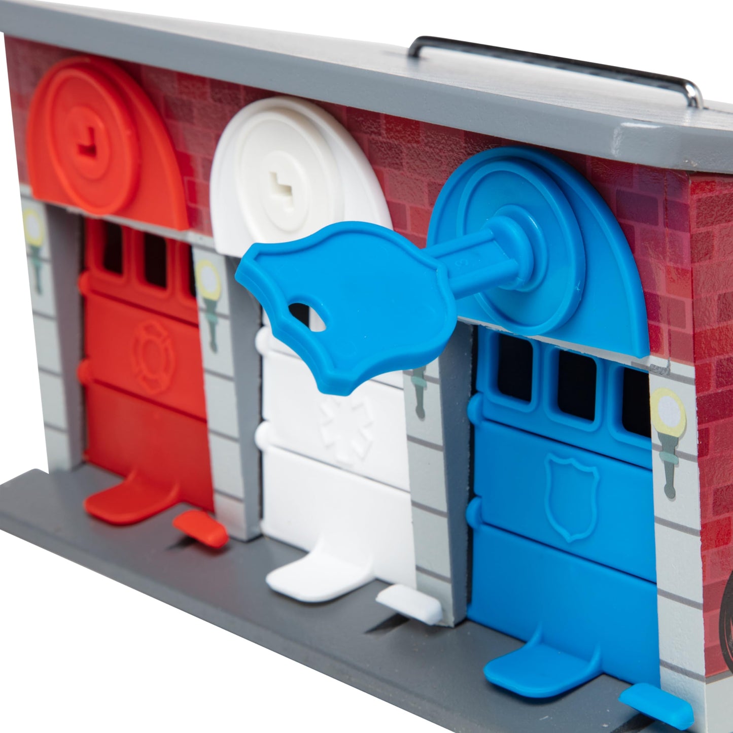 Melissa & Doug Toy Keys and Cars Wooden Rescue Vehicles and Garage (7 pcs) Toddler Pull Back Toys, Toy Garage for Kids Ages 3+