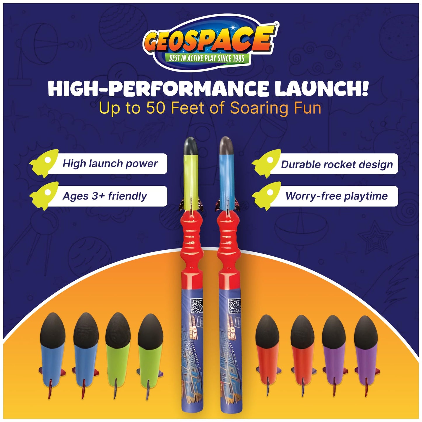 Geospace Handheld Pump Rocket Battle Pack – 2 Launchers & 10 Flying Foam Rockets, 19" Stomper Rocket Toy for Kids Boys & Girls