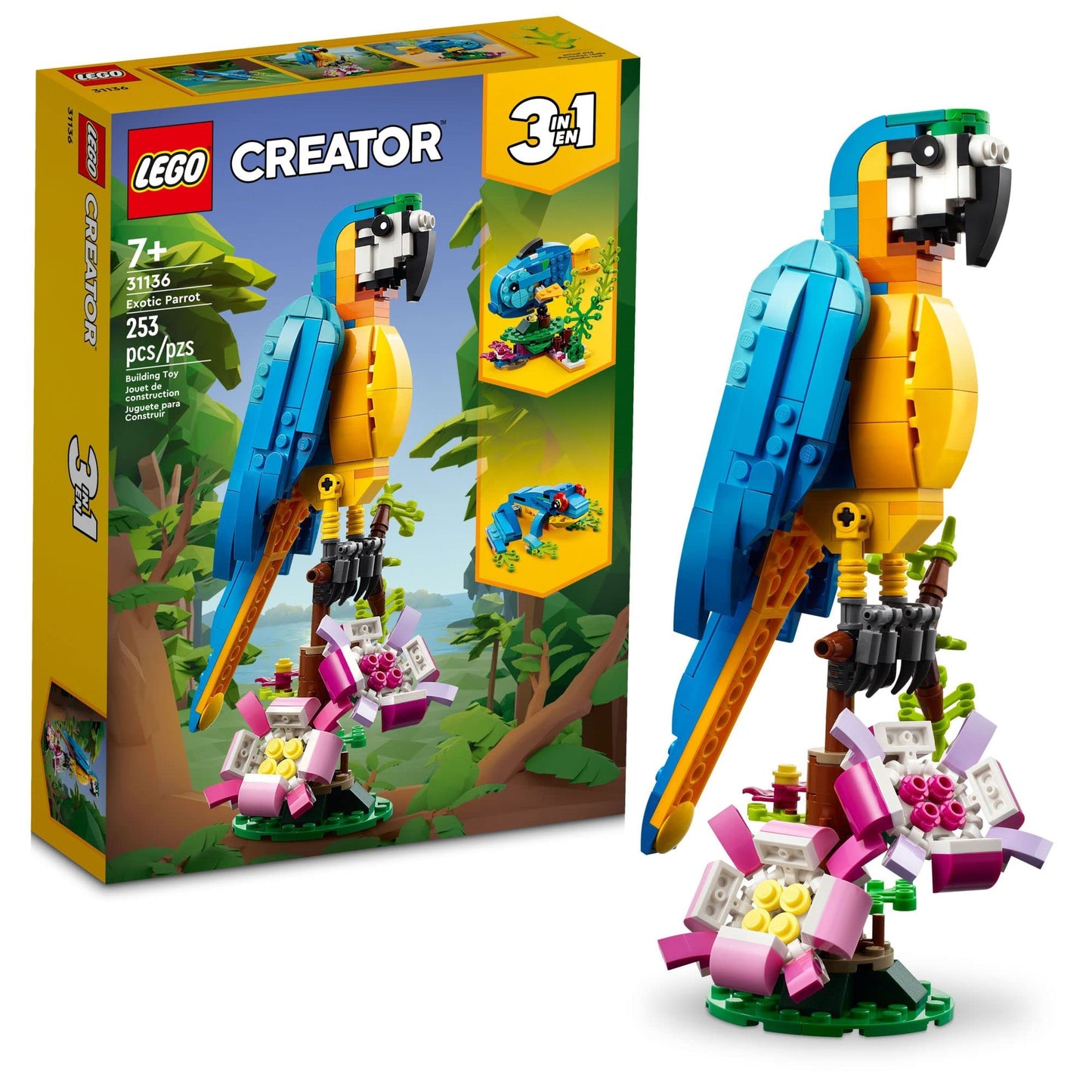 LEGO Creator 3-in-1 Exotic Parrot Toy Set – Build Parrot, Fish & Frog, Creative Transforming Animals for Kids 7+, Set 31136