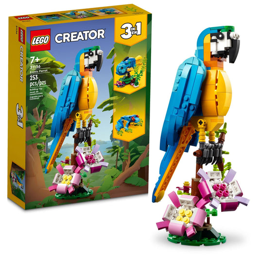 LEGO Creator 3-in-1 Exotic Parrot Toy Set – Build Parrot, Fish & Frog, Creative Transforming Animals for Kids 7+, Set 31136
