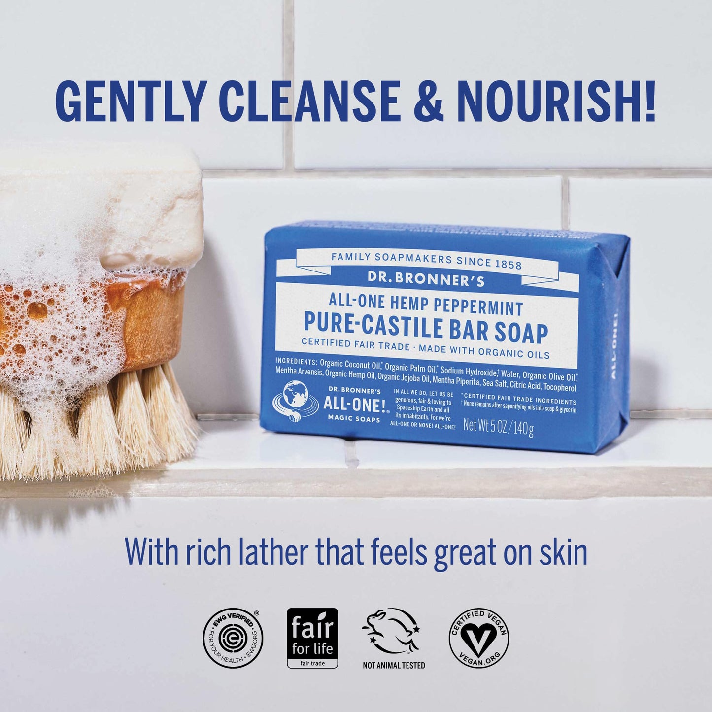 Dr. Bronner’s Peppermint Pure-Castile Soap Bars, 5 oz 2-Pack – Organic, Vegan, Non-GMO, Gentle for Face & Body, Men & Women