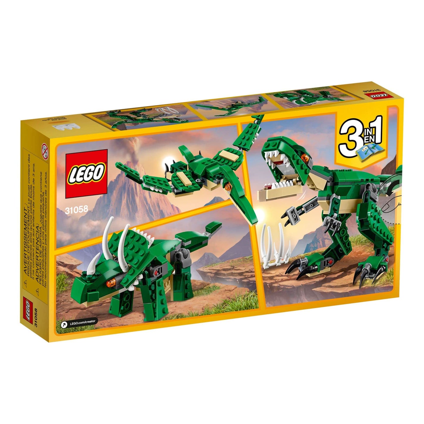 LEGO Creator 3-in-1 Mighty Dinosaur Toy, Transforming T. rex, Triceratops & Pterodactyl Figures, Gift for Kids 7-12, Set 31058