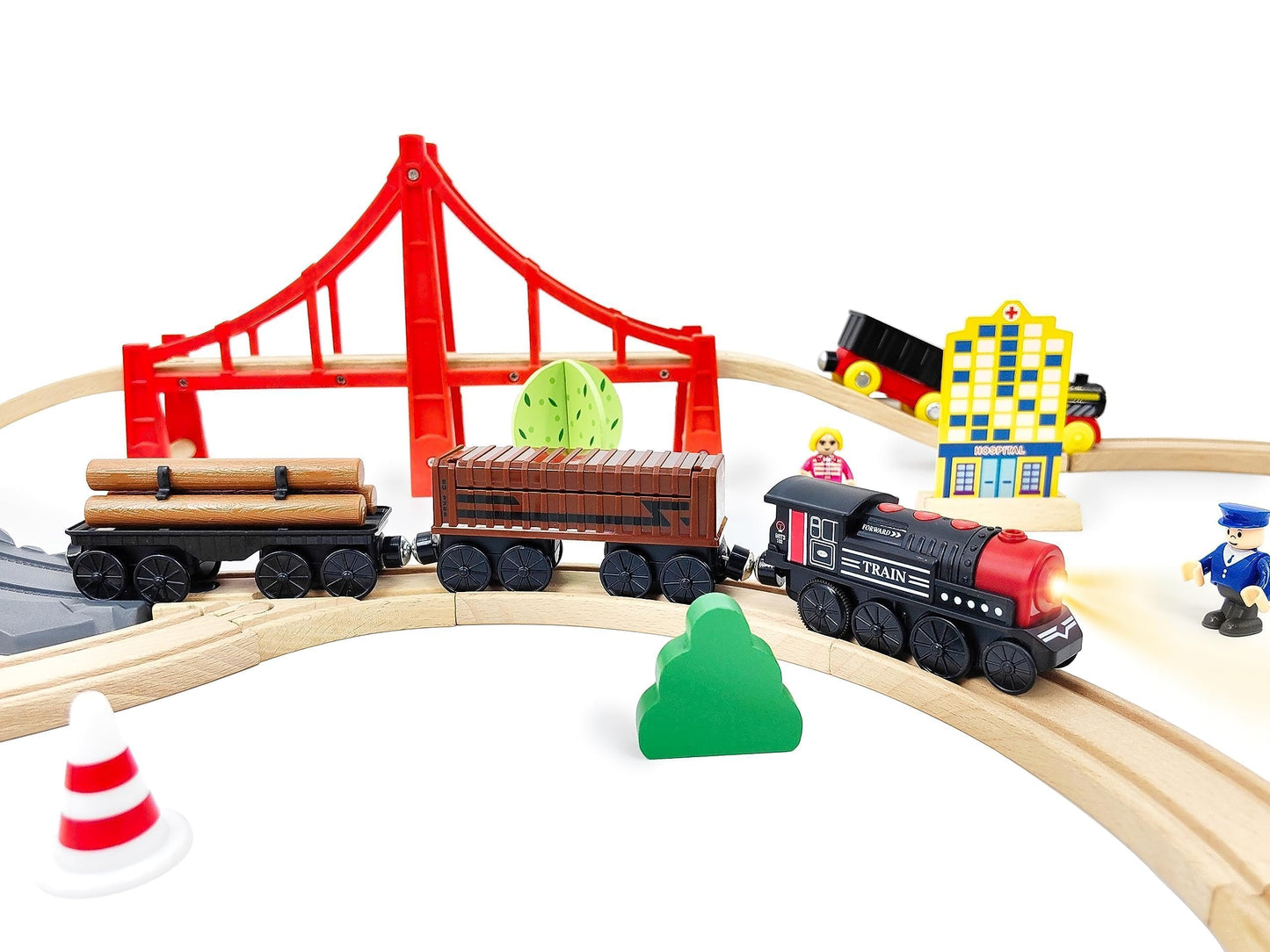 Motorized Wooden Train Set, 3 Battery-Powered Trains for Toddlers 3+, Compatible with Thomas, Brio & Chuggington Tracks
