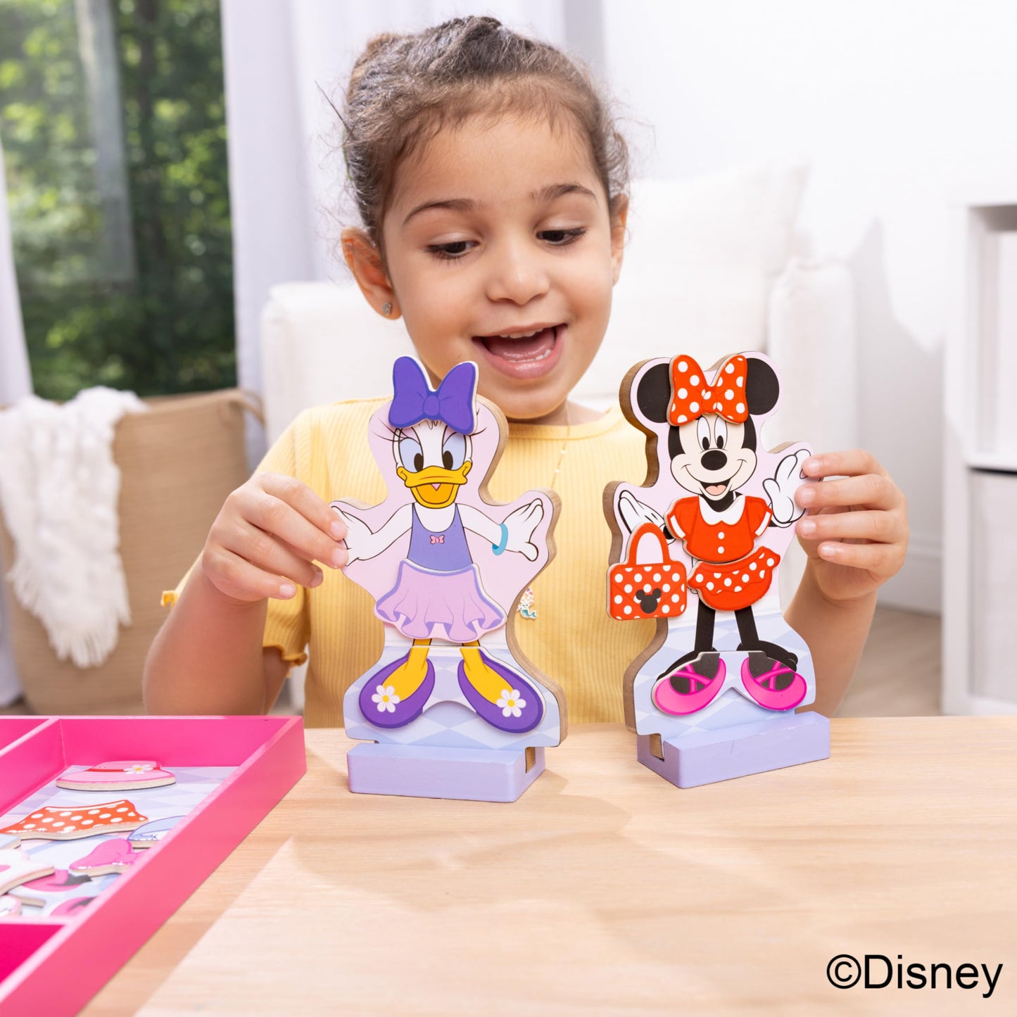 Melissa & Doug Disney Minnie Mouse & Daisy Duck Deluxe Wooden Magnetic Dress-Up Set, 2 Dolls with Stands, 52 Pieces, FSC Certified