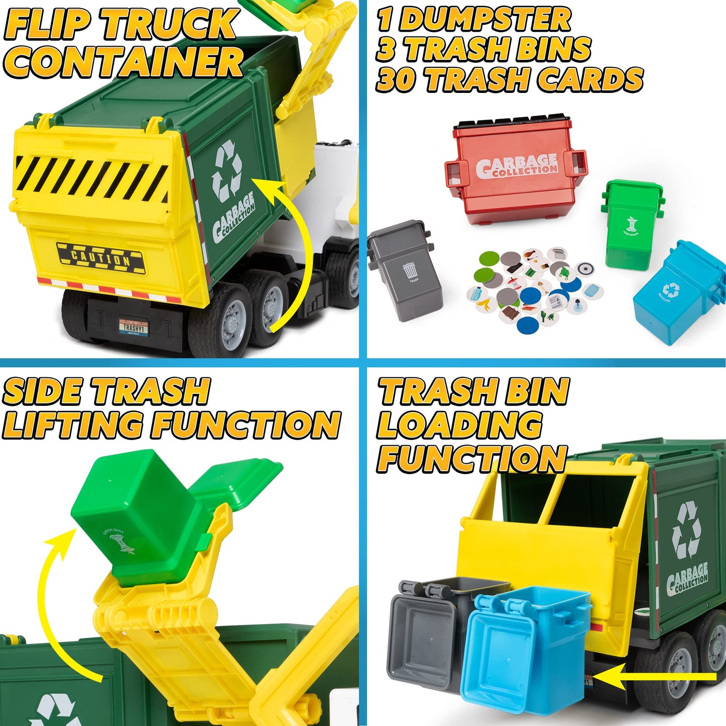JOYIN Large Friction Garbage Truck Toy Set with Dumpster, Trash Bins & Learning Cards – Toddler Boys & Girls Birthday & Christmas Gift