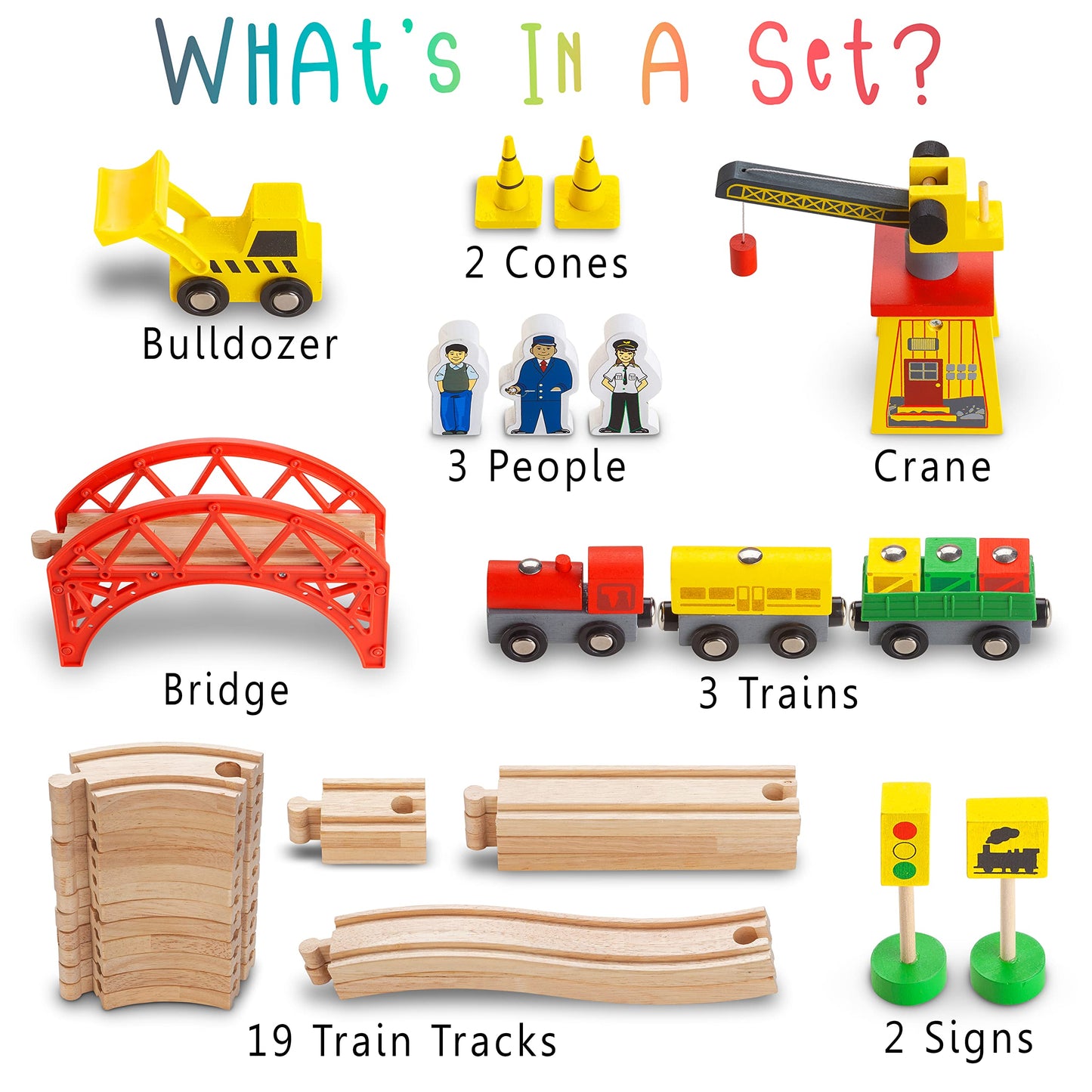 KipiPol 38-Piece Wooden Train Set for Toddlers 2-7 with Crane, Bridge & Tracks – Compatible with Thomas, Brio, IKEA, Melissa & Doug Toys