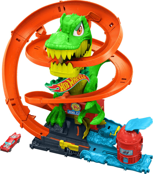 Hot Wheels Toy Car Track Set, City T-Rex Blaze Battle Playset & 1:64 Scale Die-Cast Vehicle, 18” Tall, Multiple Race Outcomes, Spinning Dinosaur Eyes