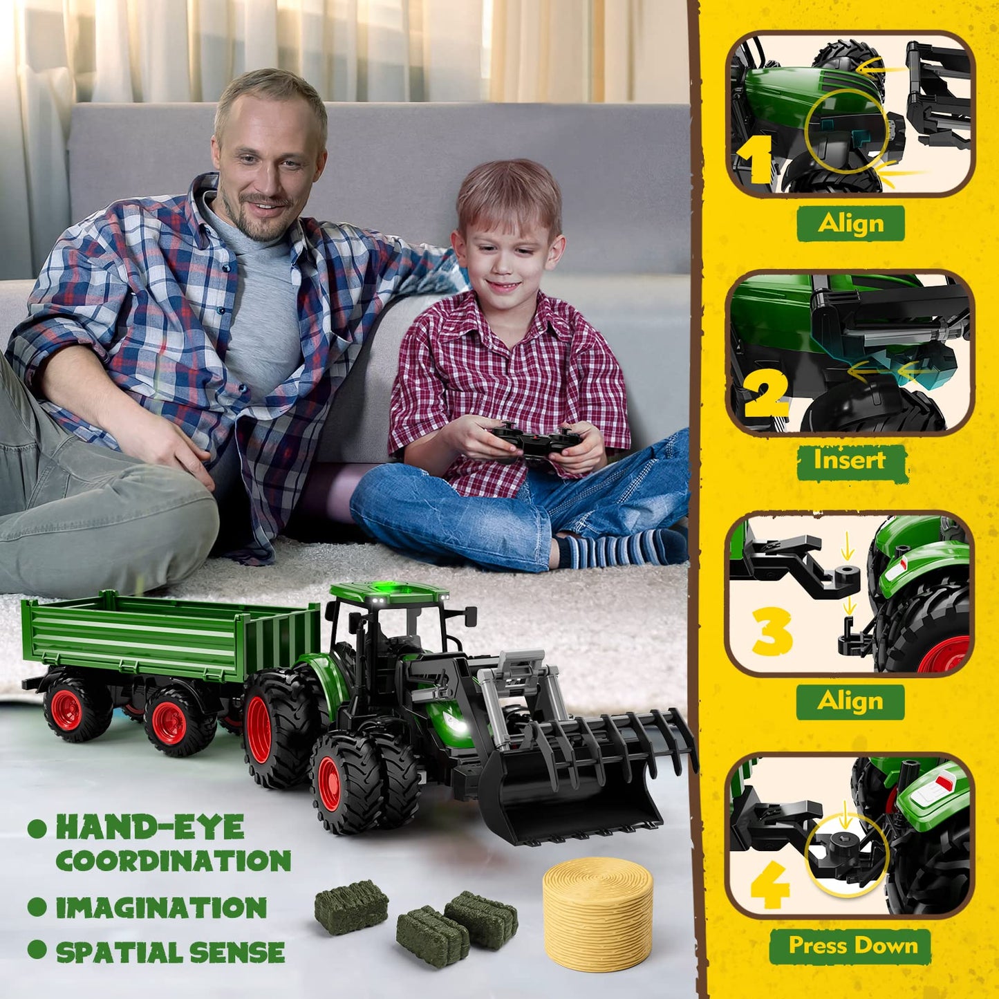 Uarzt RC Tractor Toy Set with Truck, Trailer & Front Loader, Metal 8-Wheel Vehicle with Lights – Farm Toy for Kids 3-9 Years Birthday Gift