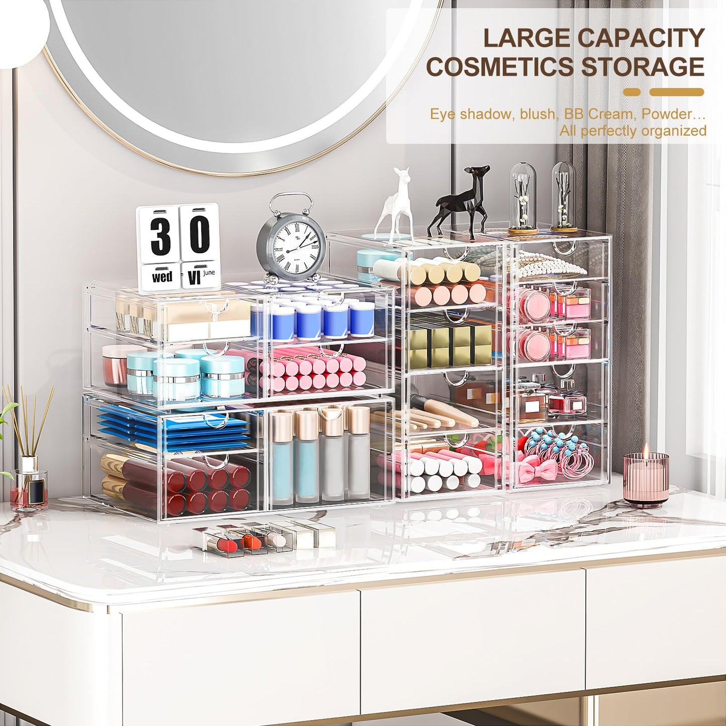 Caktraie Makeup Organizer with 16 Drawers – 4-Piece Clear Desk Storage for Makeup, Jewelry, Pens & Stationery – Dustproof & Durable