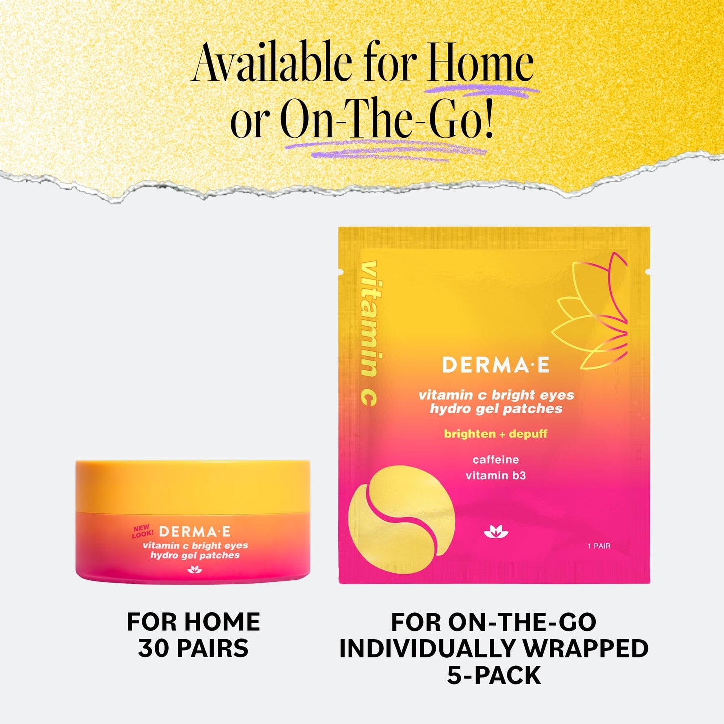 Derma E Vitamin C Bright Eyes Hydro Gel Patches, 30 Pairs (60ct) – Caffeine, Allantoin & Vitamin B3 for Dark Circles, Puffiness & Wrinkles