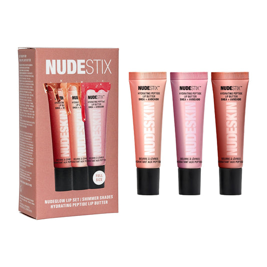 Nudestix NudeGlow Lip Butter Trio – Hydrating Peptide Lip Set with Glossy Shimmer Tints in Vanilla Sprinkle, Rose Sparkle & Mocha Magic, Vegan & Clean