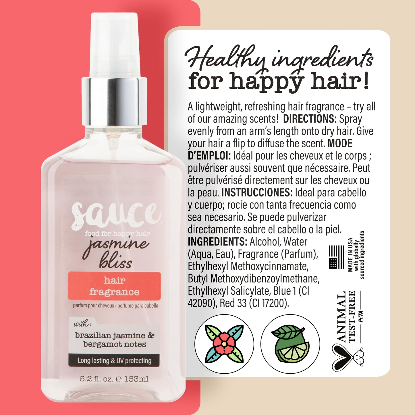 SAUCE BEAUTY Jasmine Bliss Hair Fragrance 5.2 oz – Long-Lasting Scent with Brazilian Jasmine & Saffron, UV Protection, Lightweight Daily Spray