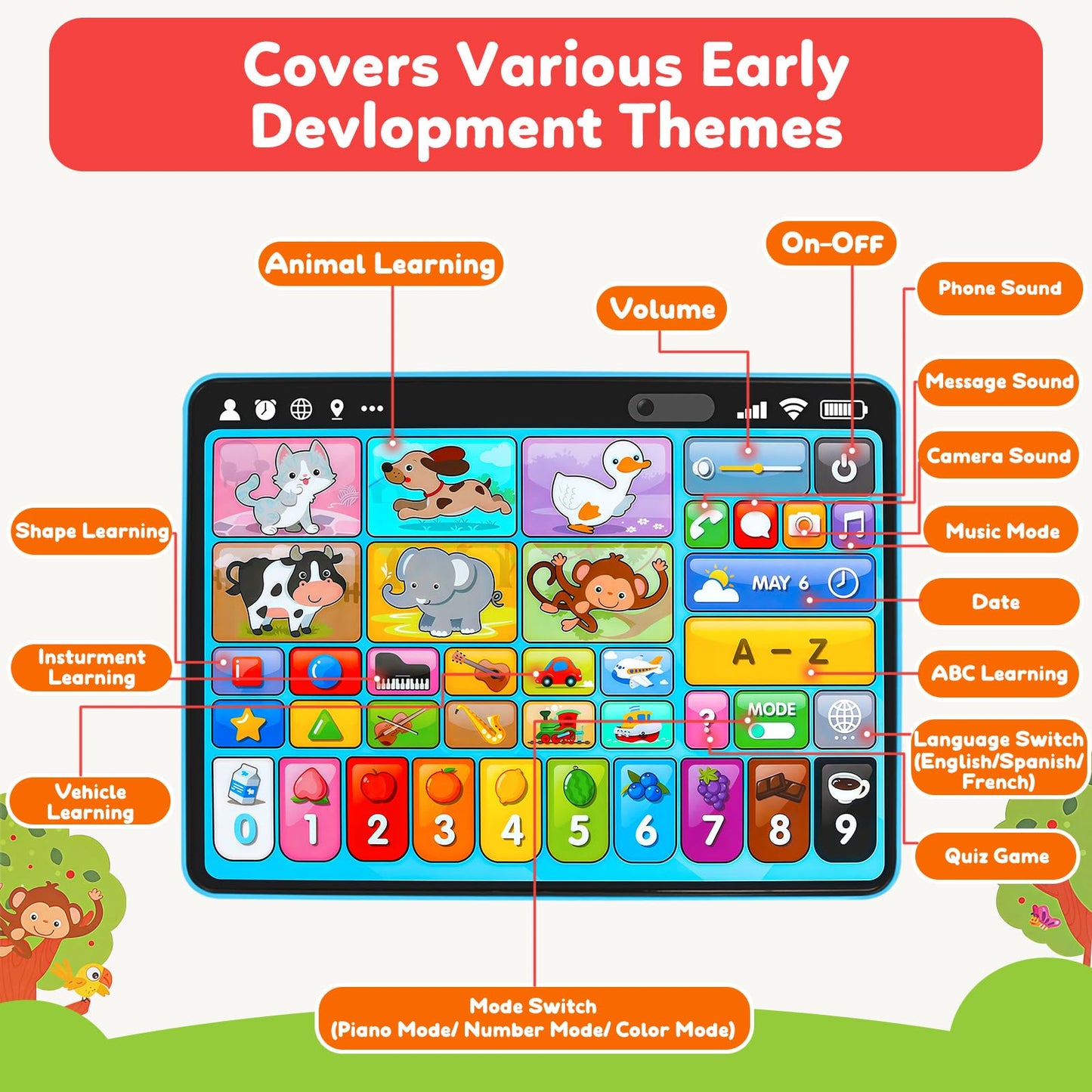 Peacurh Trilingual Learning Toy Tablet with Music & Sounds – Montessori Speech & Musical Therapy Toy for Babies & Toddlers 12-36 Months