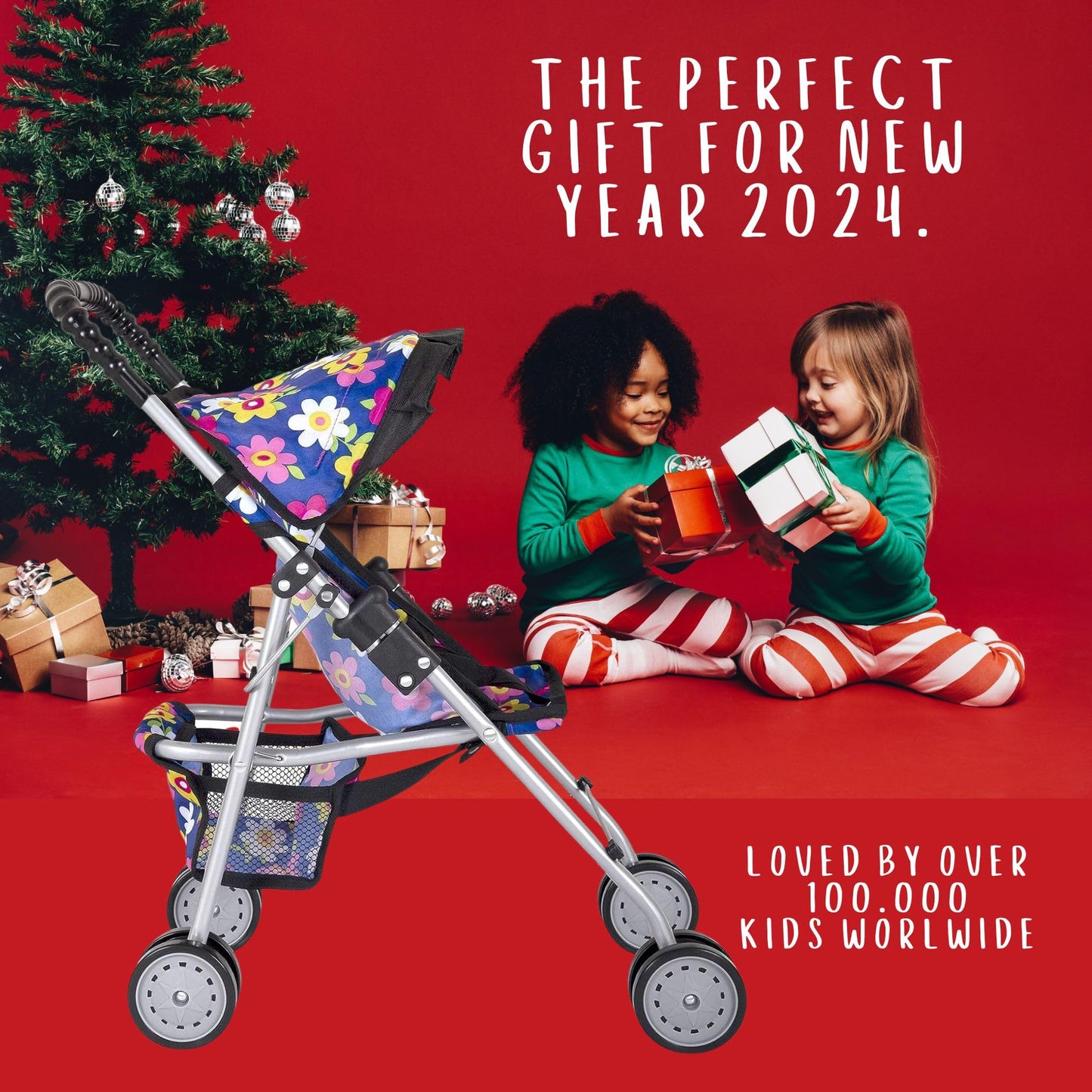 My First Doll Stroller – Foldable Kids Toy Stroller with Safety Belt, Storage Basket & Double Wheels, Fits Up to 18″ Dolls, Gift for Kids