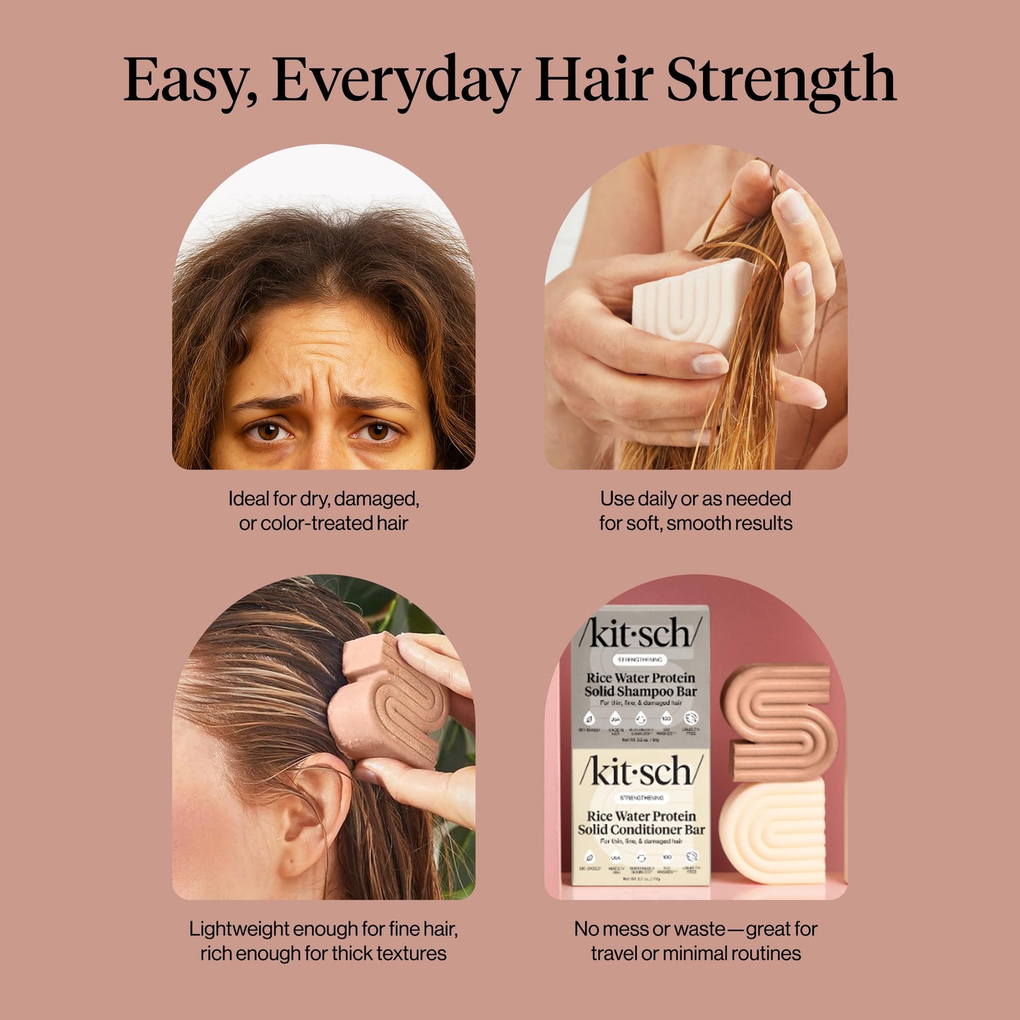 Kitsch Rice Water Protein Shampoo & Conditioner Bar Set – Strengthening Duo for Hair Growth & Damage Repair – Vitamin-Rich, Sulfate & Paraben Free, Made in USA