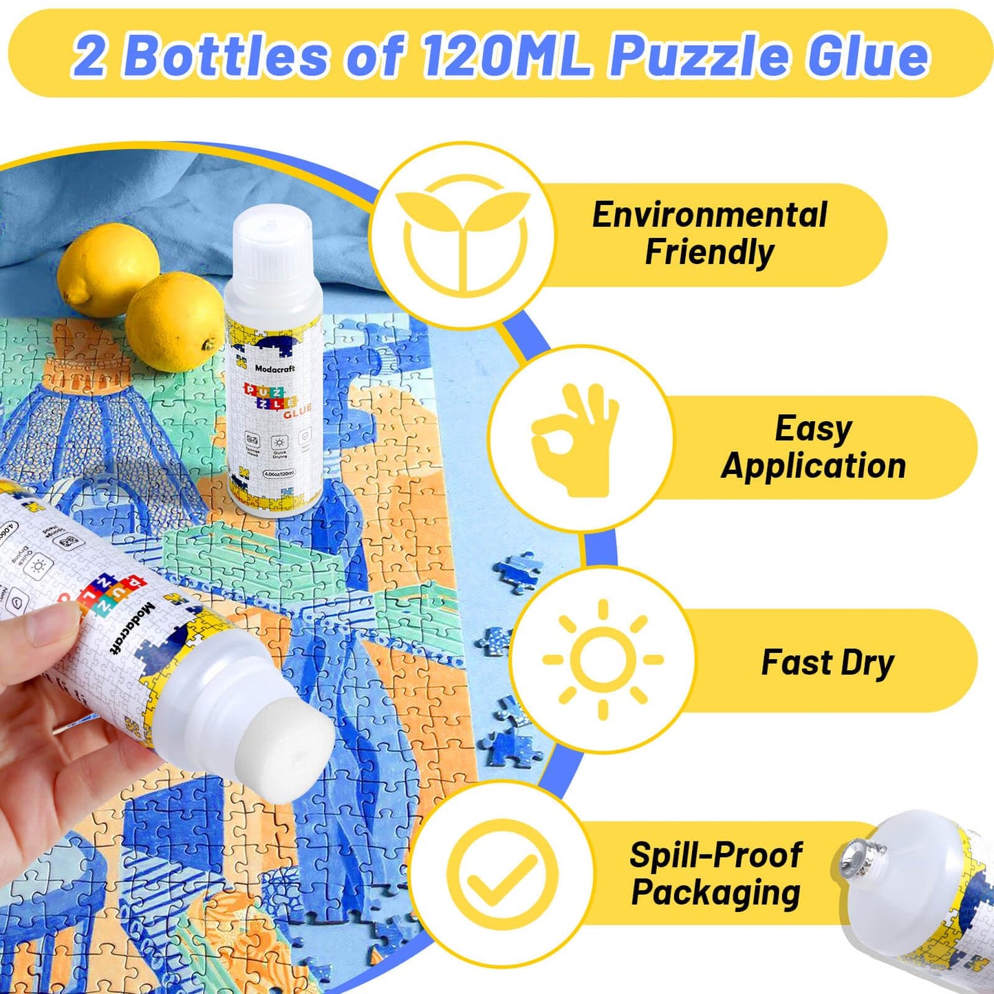 2-Pack 120ml Jigsaw Puzzle Glue with Sponge Head – Clear, Water-Soluble, Quick-Dry Adhesive for 1000-5000 Piece Paper & Wood Puzzles (240ml Total)