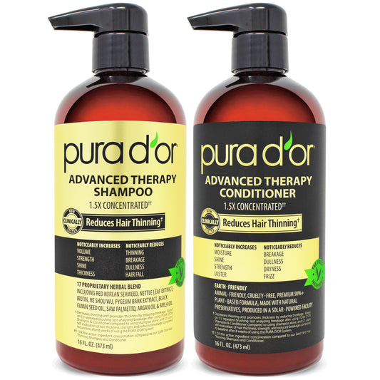 PURA D'OR Advanced Therapy Biotin Shampoo & Conditioner Set – For Thinning Hair, Clinically Tested, Herbal Hair Thickening for Women & Men, 16oz x2