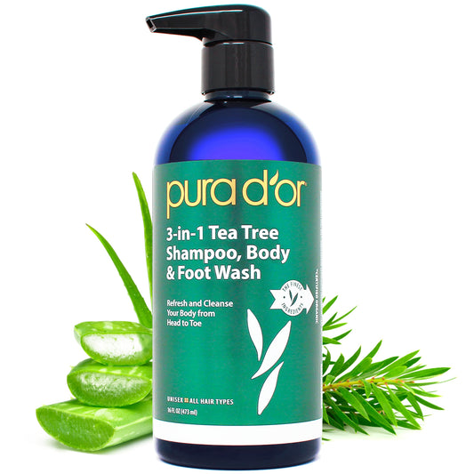 PURA D'OR 3-in-1 Tea Tree Shampoo, Body & Foot Wash – Cleansing & Refreshing Total Body Care for Odor Control, Post-Workout & Daily Hygiene, 16 Oz