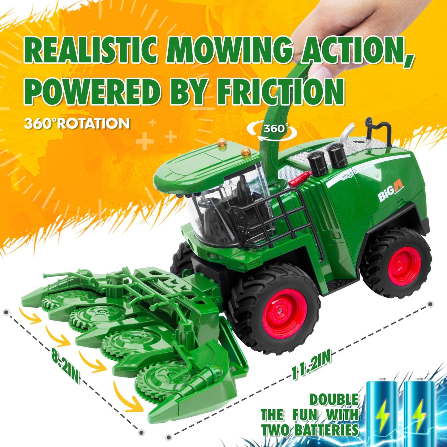 Remote Control Combine Harvester Tractor Toy 1:24 RC Farm Vehicle with Lights, 2 Grain Heads & Rechargeable Batteries for Kids 4-9