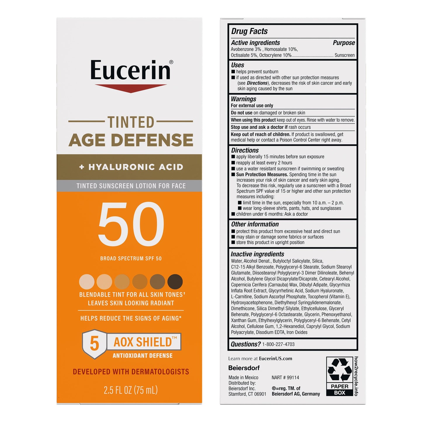 Eucerin Sun Tinted Age Defense Face Sunscreen SPF 50 with Hyaluronic Acid – Blendable Tint for All Skin Tones, Non-Comedogenic, 2.5 fl oz