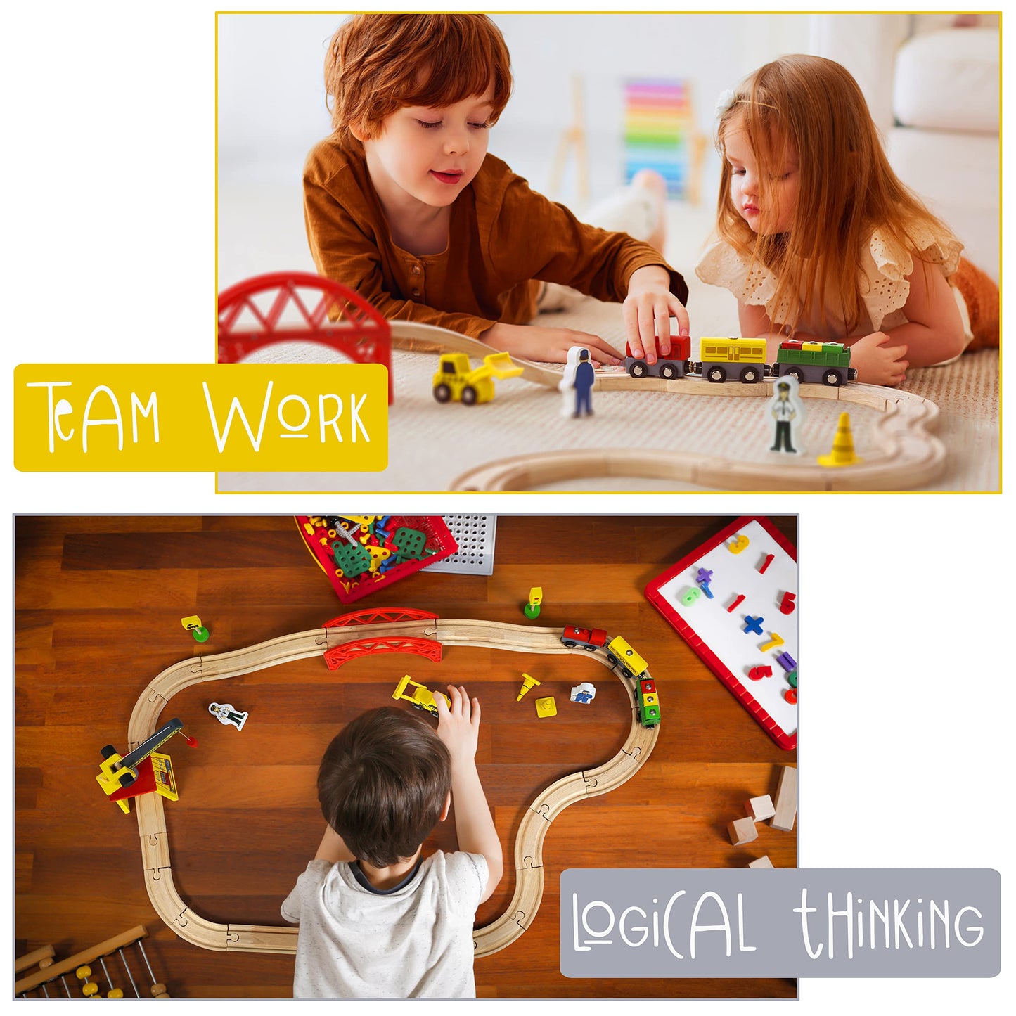 KipiPol 38-Piece Wooden Train Set for Toddlers 2-7 with Crane, Bridge & Tracks – Compatible with Thomas, Brio, IKEA, Melissa & Doug Toys