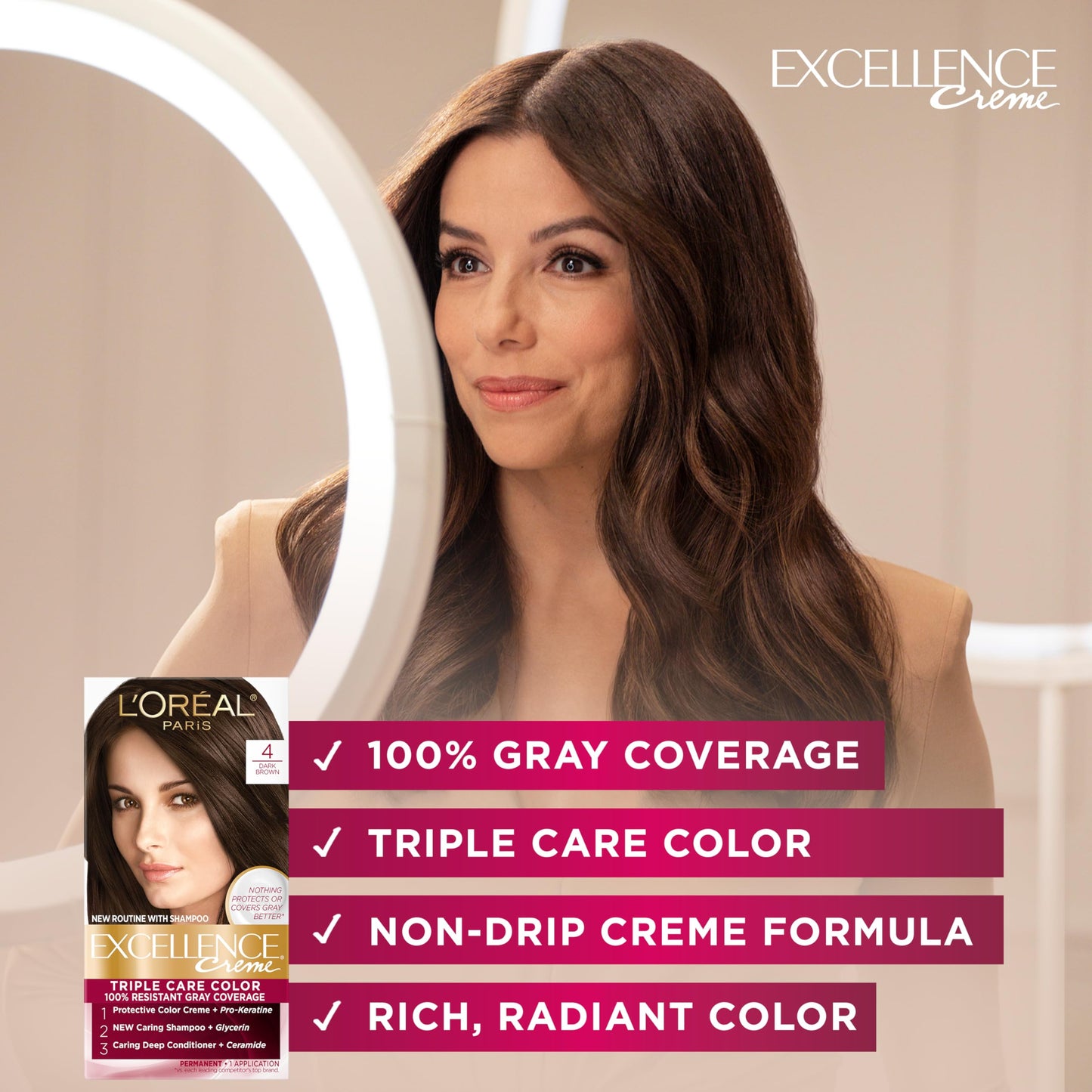 L'Oreal Paris Excellence Creme Permanent Hair Color, 4 Dark Brown, 100 percent Gray Coverage Hair Dye, Pack of 1