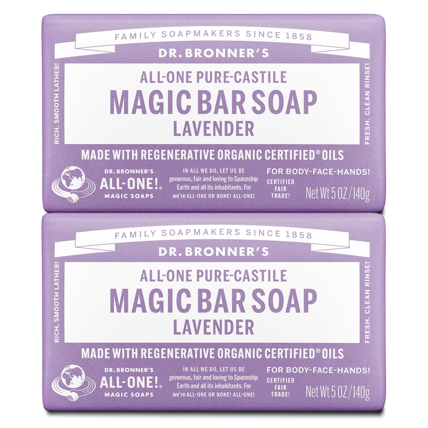 Dr. Bronner's Pure-Castile Lavender Soap Bars, 2 Pack 5oz – Vegan, Gentle on Face, Body & Hair, Made with Organic Certified Oils