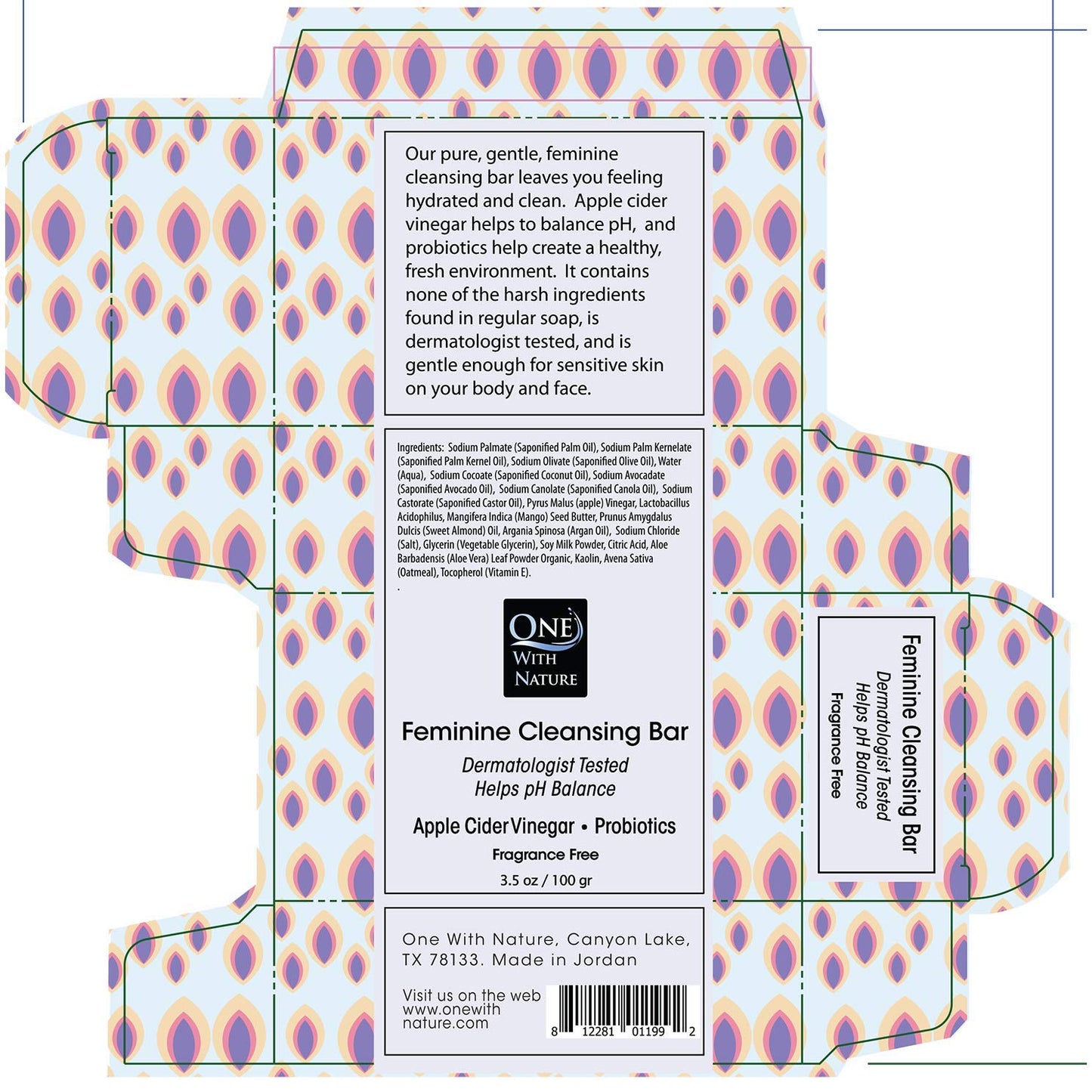 One With Nature Feminine Cleansing Bar 3-Pack (3.5 oz) – Fragrance-Free, with Probiotics, ACV, Oatmeal & Omega Fatty Acids – Gentle Face & Body Soap