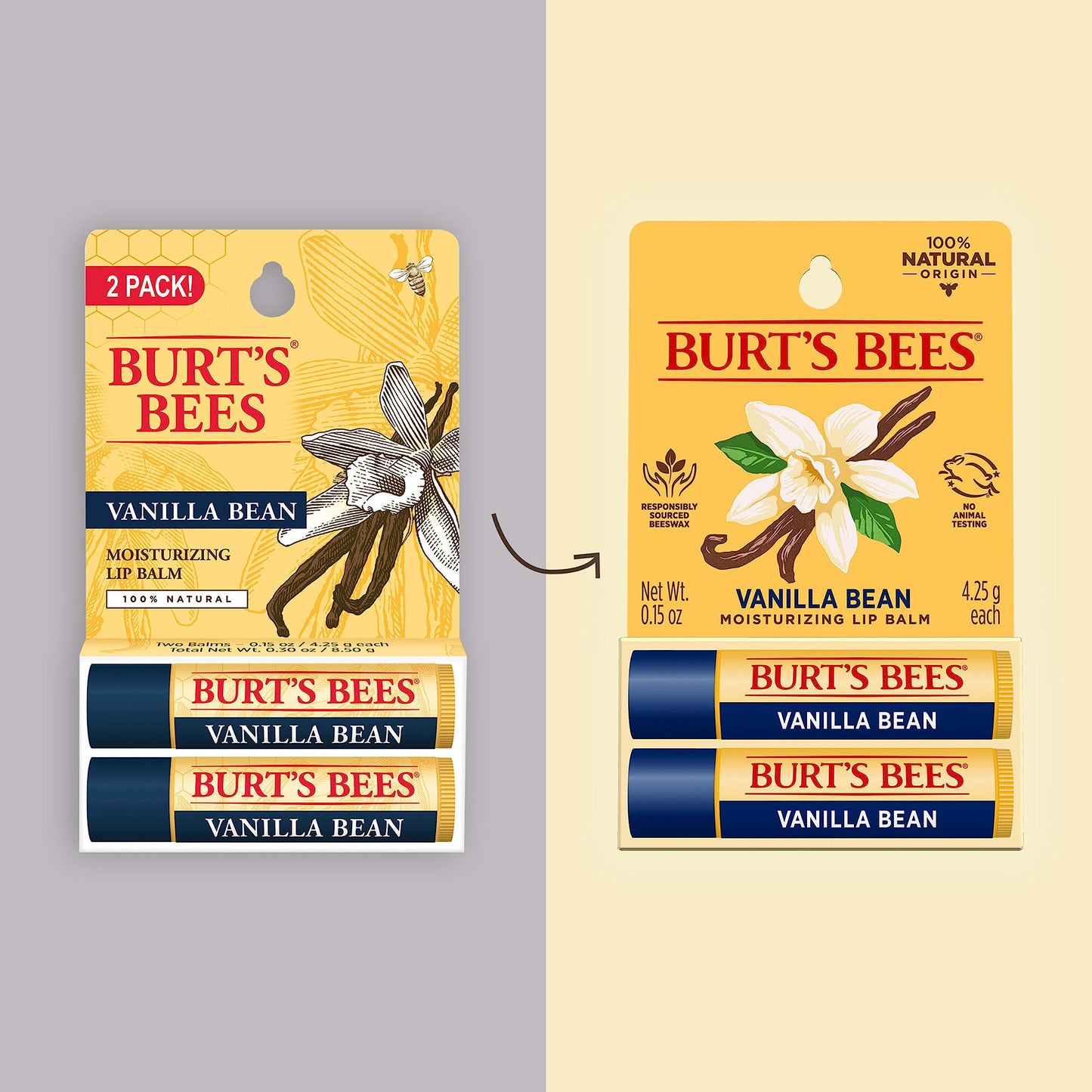 Burt’s Bees Vanilla Bean Lip Balm – Natural Lip Moisturizer with Responsibly Sourced Beeswax, Tint-Free Hydrating Balm, 2 Tubes, 0.15 oz Each