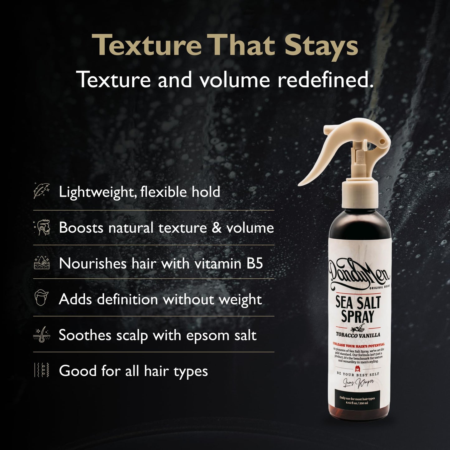 DandyMen Sea Salt Spray – Lightweight Texture, Volume, and Flexible Hold with Epsom Salt & Pro-Vitamin B5 (8.45 oz, Tobacco Vanilla)