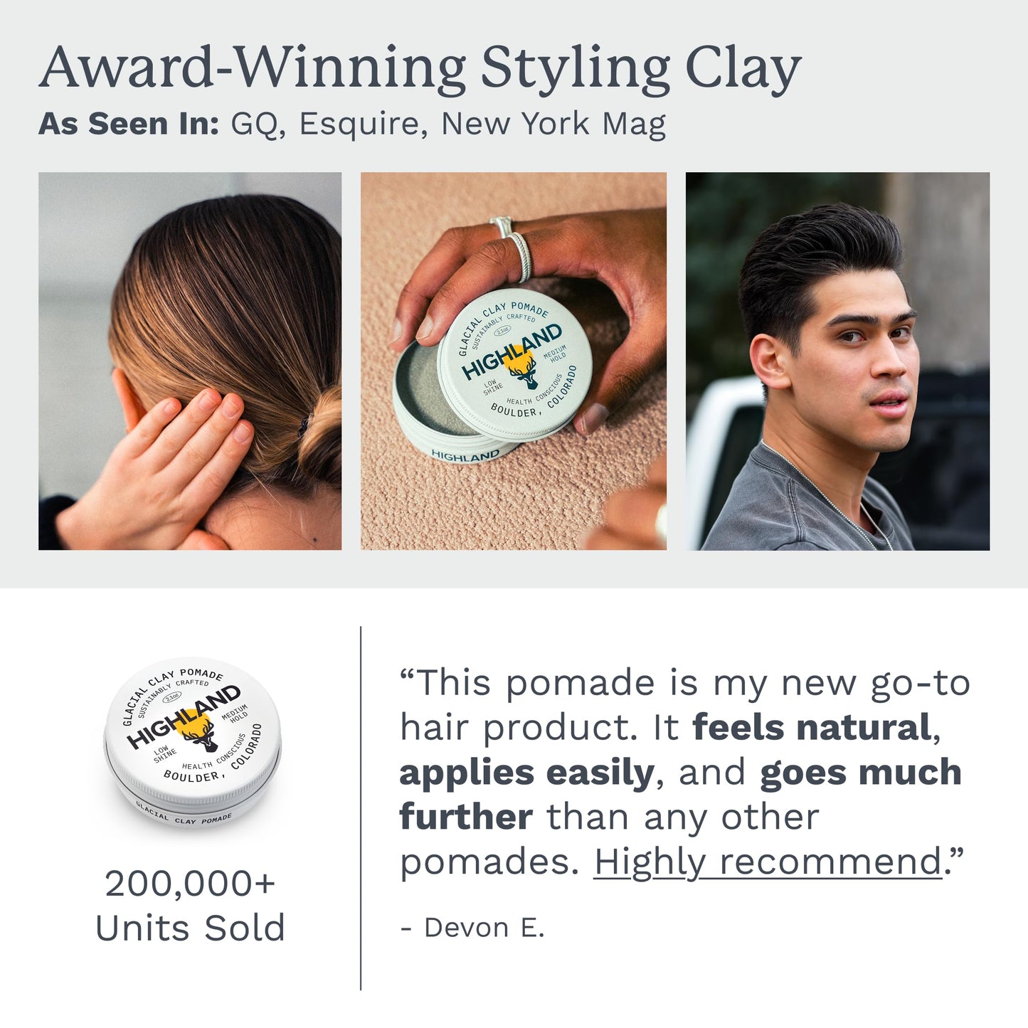 Highland Glacial Hair Clay Pomade | Award-Winning Natural & Organic Styling Clay | Medium Hold, Low Shine | For Men & Women | Promotes Scalp Health