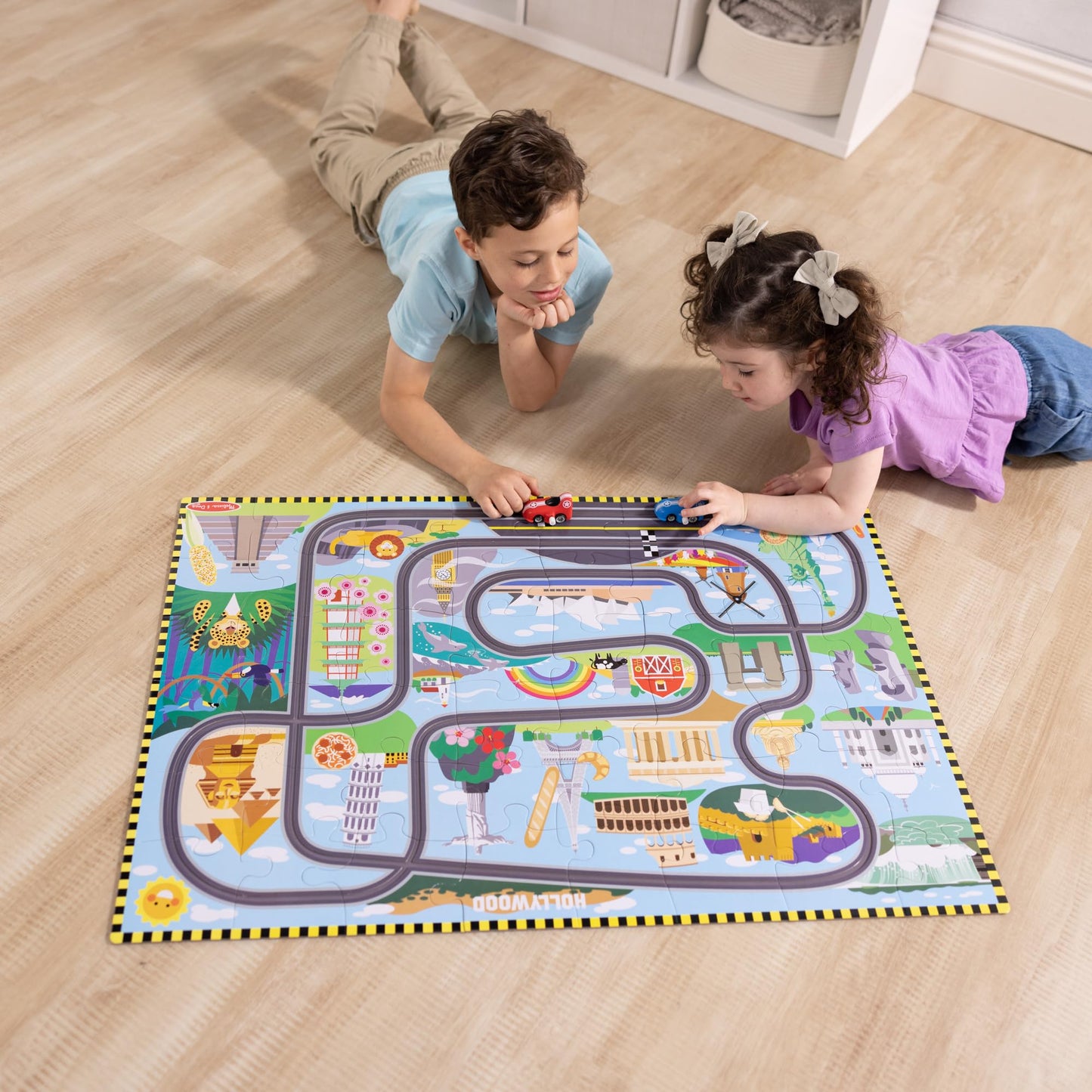 Melissa & Doug Race Around the World Floor Puzzle – 48-Piece Jigsaw with Wind-Up Vehicles, FSC-Certified, Educational Toy for Kids Ages 4+