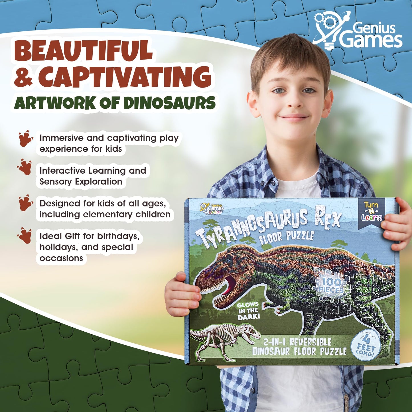 Tyrannosaurus Rex 100-Piece Double-Sided Jigsaw Puzzle – Glow-in-the-Dark Skeleton, 4ft Dino Illustration, Educational Toy for Kids