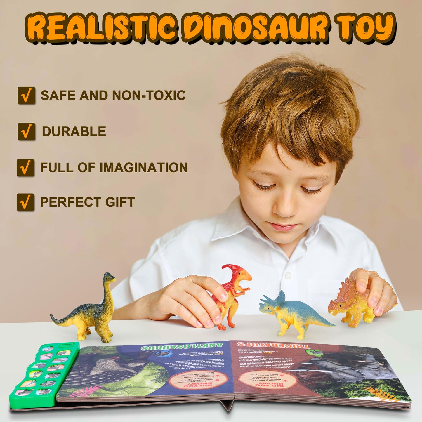 Dinosaur Toys Set with 12 Figures & Sound Book – Realistic Roars, Interactive Educational Fun for Kids 3-6 Years Old