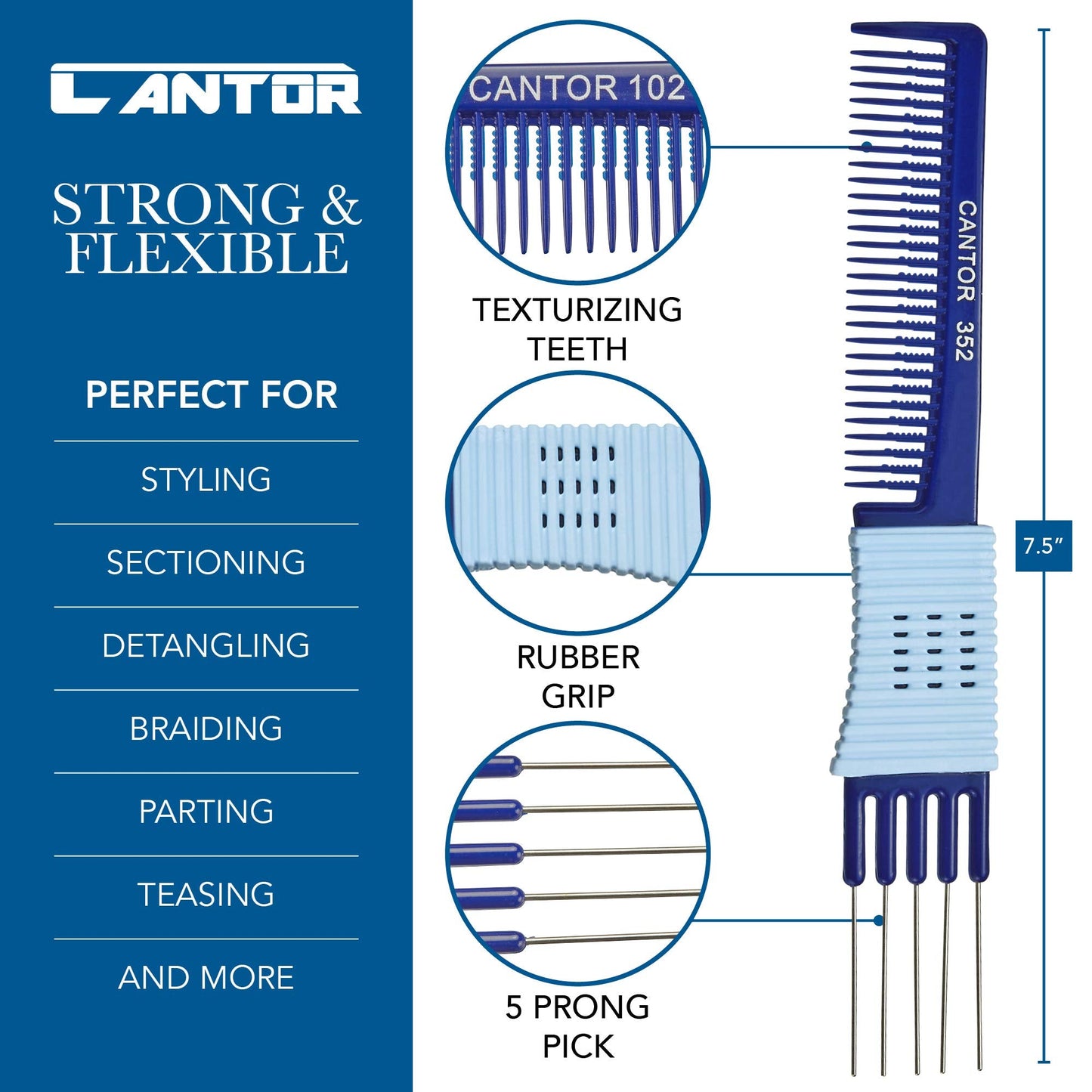 Cantor Lift Teasing Comb and Hair Pick 2 Pack, Stainless Steel Lifts - Anti Static Comb For All Hair Types