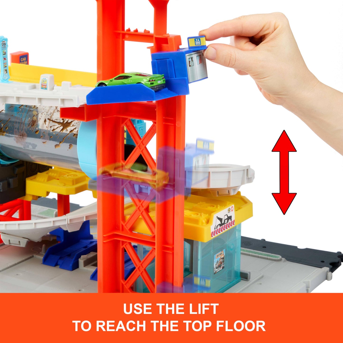 Matchbox Toy Car Track Set, Spin Cyclone Car Wash Playset with 1:64 Scale Corvette & Tow Truck, Features Spinning Wash Tunnel, Tune-Up Shop & Parking