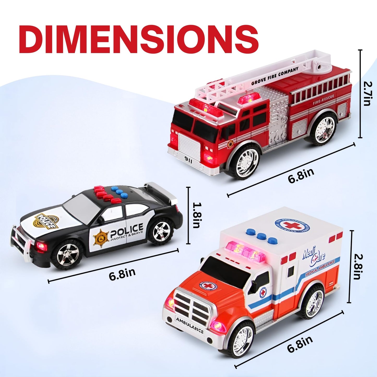 Liberty Imports 3-in-1 True Hero Rescue Vehicles Playset for Kids – Ambulance, Fire Truck & Police Car with LED Lights & Sound Effects