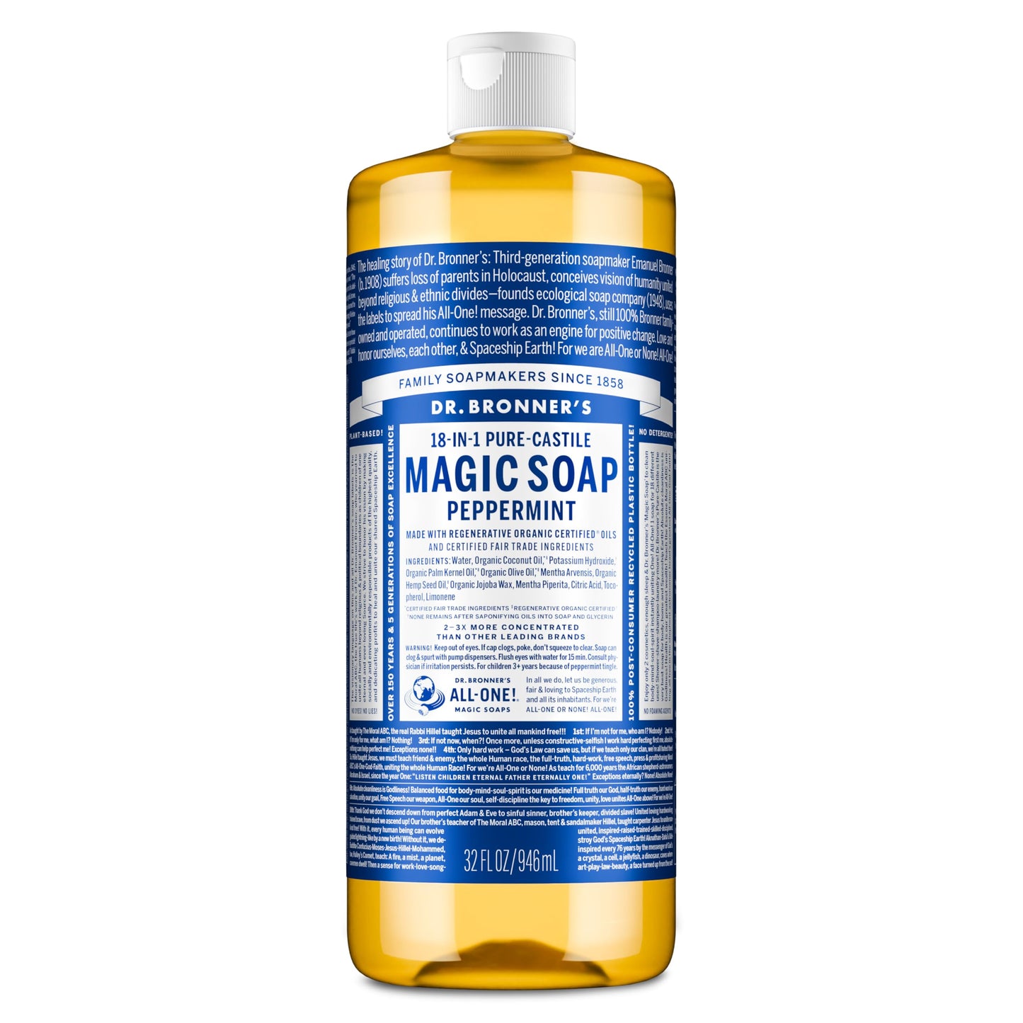 Dr. Bronner's Peppermint Pure-Castile Liquid Soap, 32oz – 18-in-1 Vegan Body Wash for Face, Hair, Hands, Laundry & More, Non-GMO