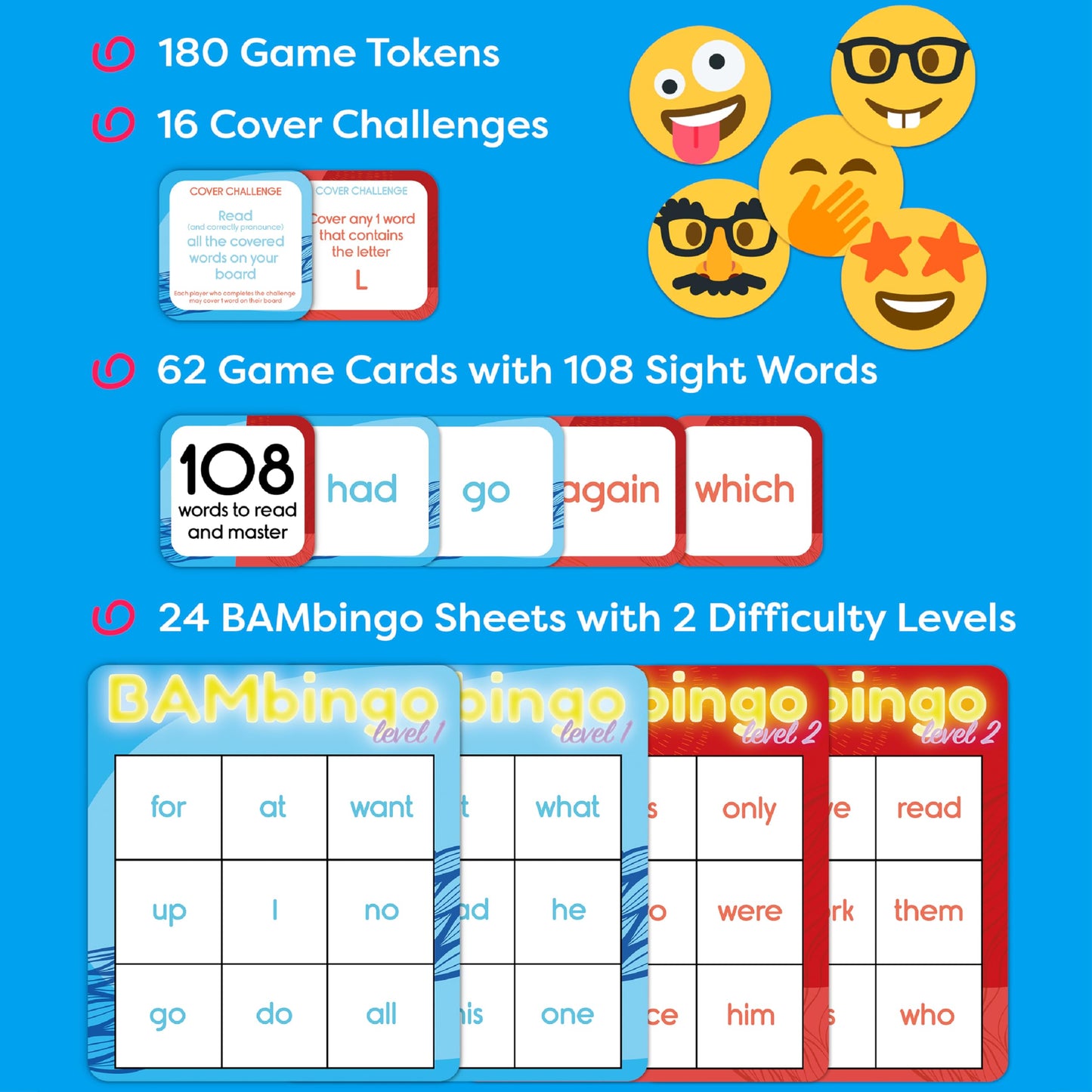 THE BAMBINO TREE Sight Word Bingo Game Levels 1 & 2 - Fun Educational Reading Game for Kids, Kindergarten & 1st Grade - Dolch & Fry Word Lists